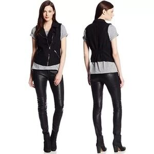 Lucky Brand Women's Vest XS Black‎ Linen Blend Moto/Biker Style Zip Up Top Goth